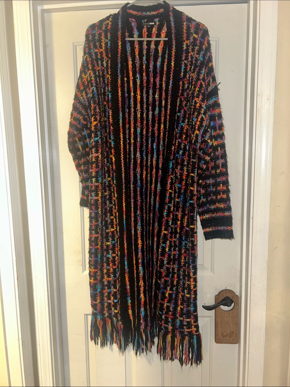 Fashion Nova Long Black Open-Front Cardigan with Multicolor Fringe